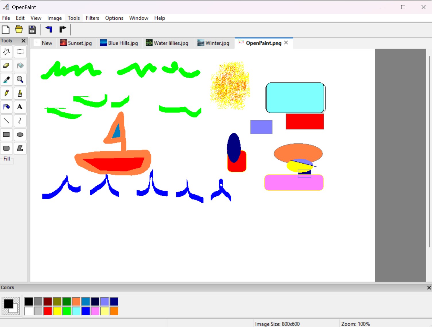 OpenPaint screenshot showing the multi-tab editing interface, drawing tools, and color palette